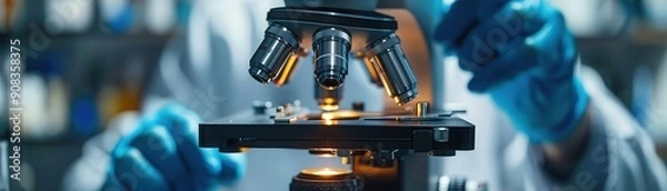 Fototapeta Laboratory scientists studying DNA, advanced microscope, closeup, detailed genetic analysis, advanced tone, Complementary Color Scheme, copy space for text,
