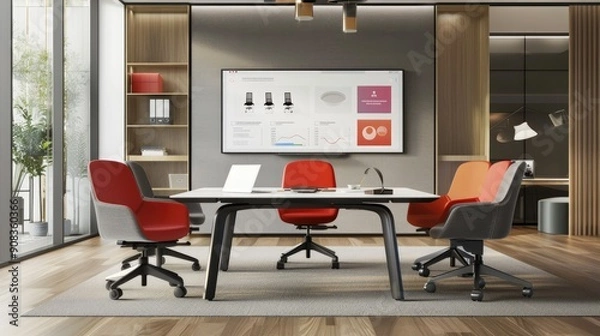 Fototapeta Office space with ergonomic furniture and a smart whiteboard