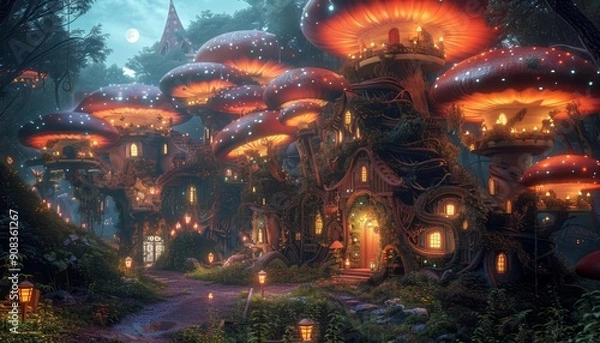 Fototapeta A whimsical scene of a fairy village nestled in giant mushrooms, with tiny glowing lights and magical creatures, Fantasy, Digital Art, Vibrant colors, High detail