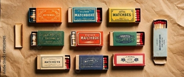Obraz A vivid collection of vintage matchboxes arranged on aged paper