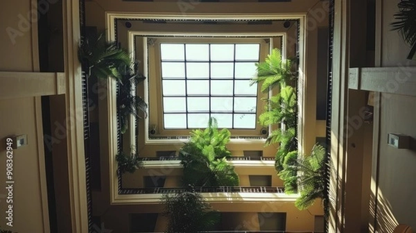 Fototapeta Symmetrical atrium with natural light filtering through a glass roof