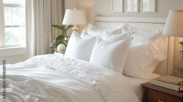 Fototapeta A bed with white sheets and pillows, and a bedside table with a book.