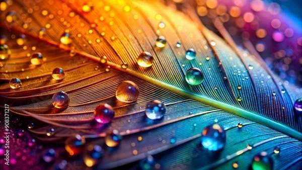 Fototapeta A Symphony of Colors: A Vibrant Feather Adorned with Dewdrops  AI generated