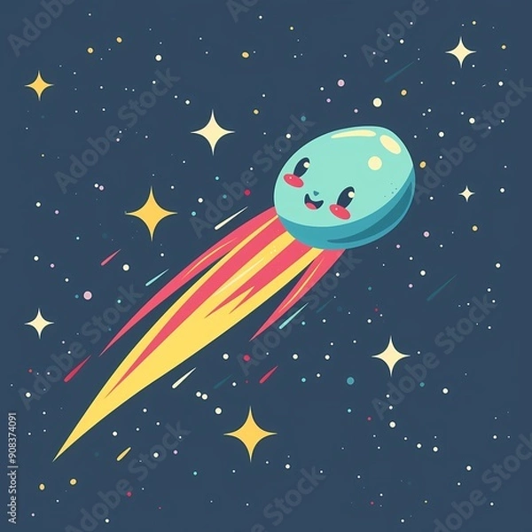 Fototapeta Cute cartoon comet with a smile flying through a starry space background.