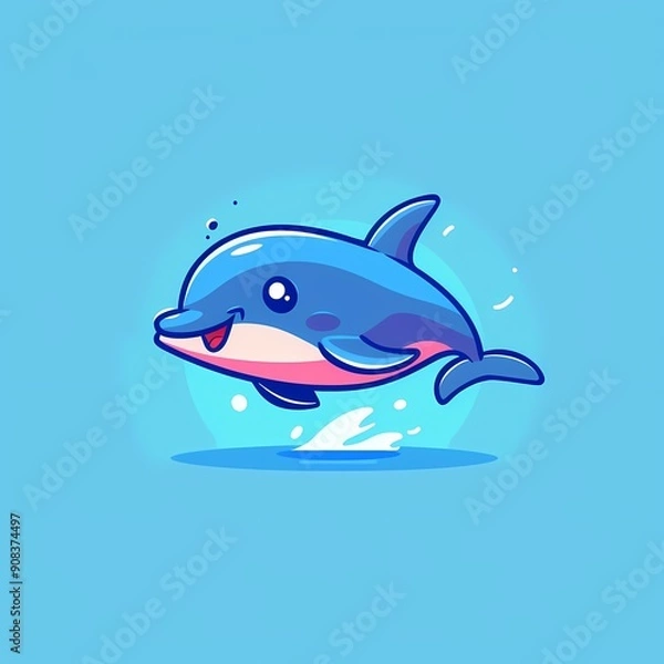 Obraz Cheerful cartoon dolphin jumping in a vibrant blue ocean.