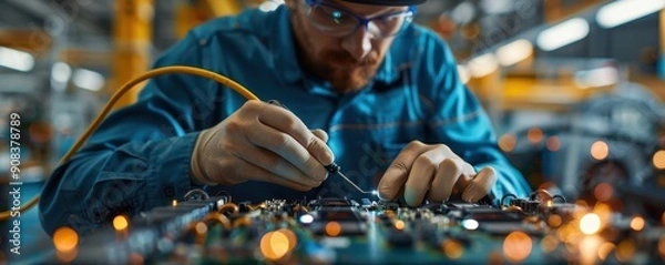 Fototapeta A technician wearing gloves and safety glasses soldering electronic components in a well-lit and modern workshop.