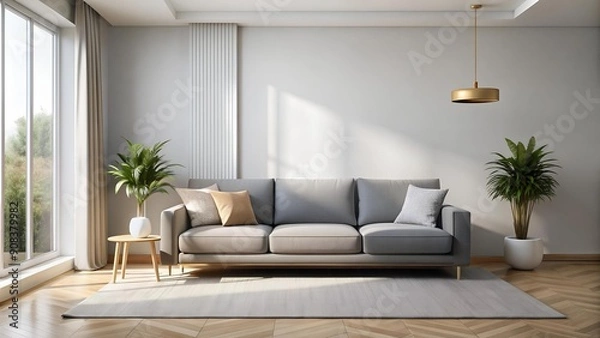 Fototapeta A Symphony of Greys: Minimalist Modern Living Room with a Plush Grey Sofa  Generative AI