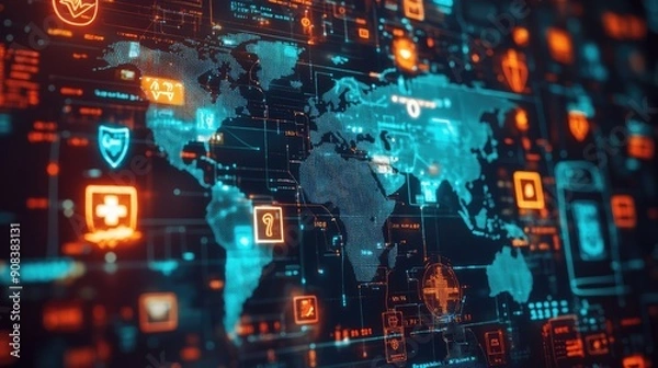 Fototapeta A digital grid with icons of passports, medical charts, and currency symbols spread across a global map, symbolizing the cross-border aspects of life and health insurance