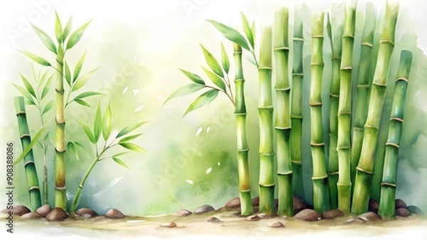 Fototapeta Emergence of Spring: A Watercolor Illustration of Fresh Bamboo Shoots Unfurling  AI generated