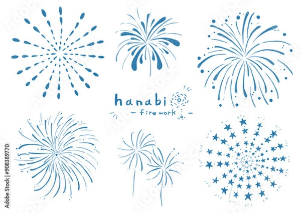 Obraz 色鉛筆風の花火のイラスト、夏の風物詩の手書きイラスト、手書き風の線画イラスト、様々な花火の手描き、線画のイラスト、青色の手書き風イラスト、夏のイラスト、色鉛筆手書き風、ゆるいイラスト,スケッチ 、花火のイラスト、花火のお祝いのイラスト