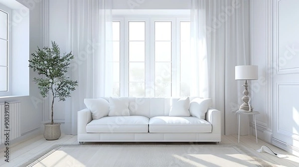 Fototapeta A white couch with pillows in a minimal living room with a white lamp and a potted plant.