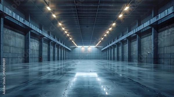 Fototapeta empty interior of large concrete room as warehouse or hangar with spotlights : Generative AI