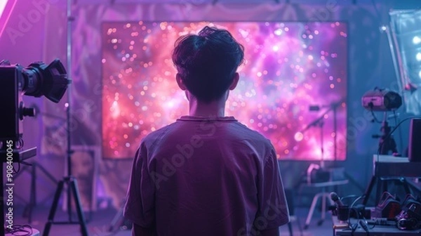 Fototapeta A person immersed in colorful visual art, gazing at a vivid cosmic display, inspiring imagination and creativity.
