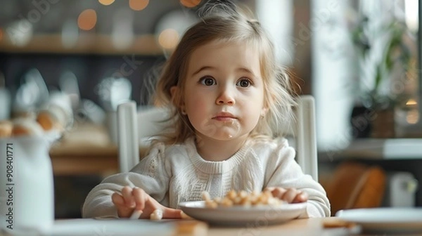 Fototapeta Little caucasian girl enjoing food sitting at table indoors Child have a meal Organic breakfast healthy nutrition concept Kid eating : Generative AI