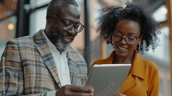 Fototapeta Mature businessman discussing work with black manager Confident business man working with african american woman showing data on digital tablet Smiling professional business people wor : Generative AI
