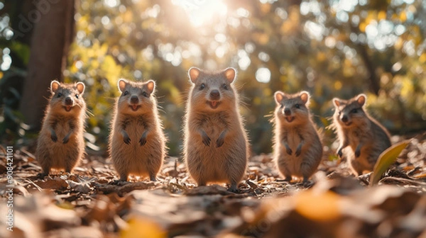 Fototapeta Group of Quokkas Playfully Interacting on Sunlit Forest Floor