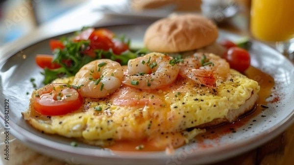 Fototapeta American style brunch tomato omelette cheese handmade sandwich shrimp burger New York style beef dish pollack oil pasta pollack cream pasta very slow risotto ros food meal : Generative AI