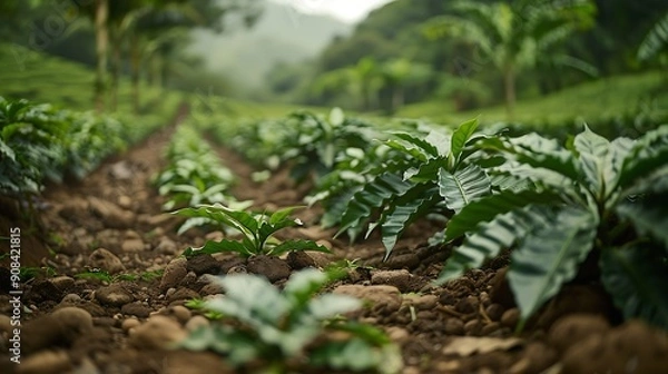 Fototapeta Coffee plantation bordered by succulents Orosi Valley Costa Rica : Generative AI