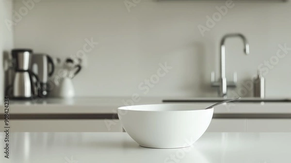 Fototapeta A white bowl with a spoon on a white counter with a kitchen in the background.