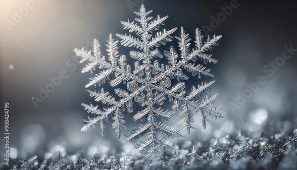 Fototapeta Macro Photography of a Single Intricate Snowflake on a Blurred Winter Background.