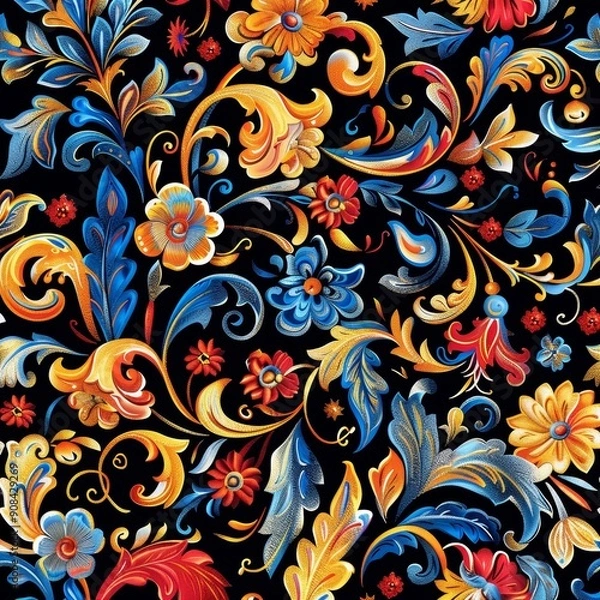 Obraz Ornate Floral Pattern with Yellow, Blue, and Red