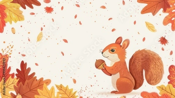 Fototapeta A squirrel is holding an acorn in a fall scene. The leaves on the ground are orange and scattered around the squirrel