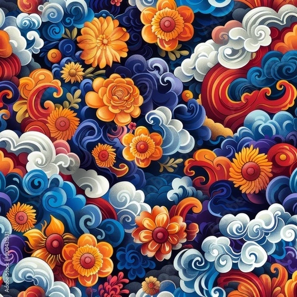 Obraz Vibrant Floral and Cloud Pattern