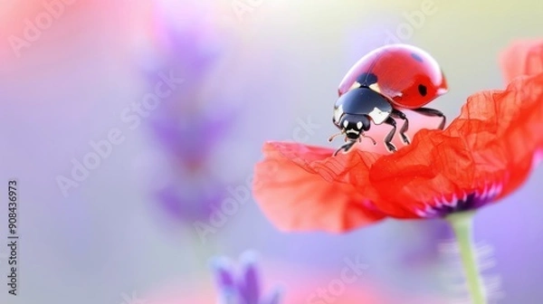 Fototapeta Close-up of a ladybug on a vibrant red flower with a blurred pastel background. Perfect for nature and wildlife themes.
