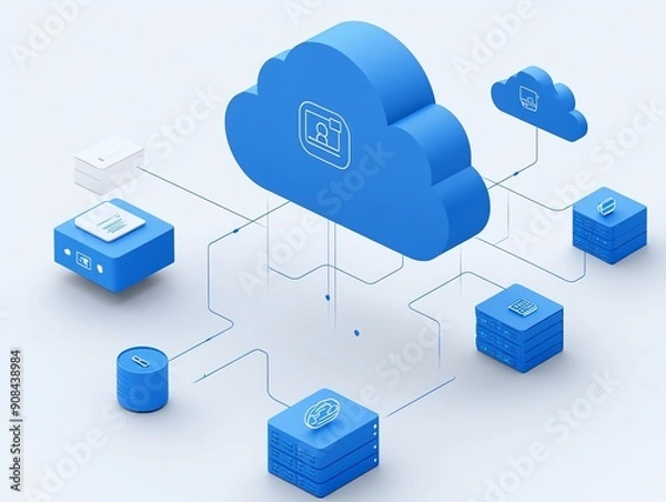Fototapeta Cloud computing network with server data storage.