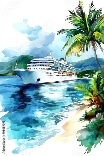 Fototapeta A vibrant watercolor illustration of a cruise ship sailing near a tropical shore, surrounded by palm trees and serene waters.
