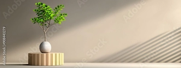 Obraz 3d render wooden podium with green leaves on beige background for product presentation