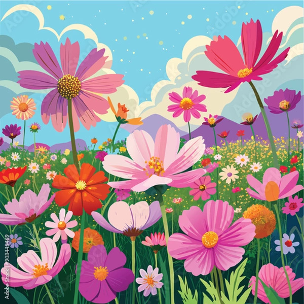 Fototapeta Field of colorful cosmos flowers of all colors, blue sky, beautiful curved clouds, stars. vector illustrator. Generative AI