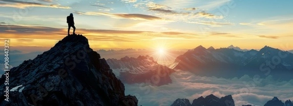 Fototapeta Man he heights of ambition and excellence on the mountain. The spirit of ambition and the journey toward achieving greatness and personal growth.