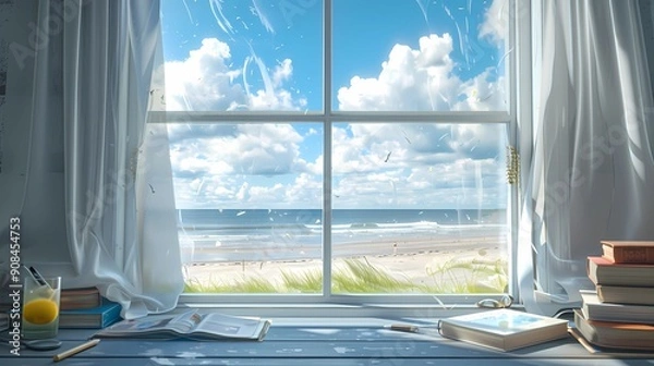 Obraz A study with a view, in front of the desk is a big window, outside the window is the beach, the sea, the blue sky and white clouds, Generative AI illustrations. 