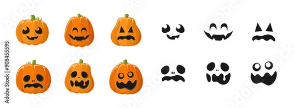 Fototapeta Cute Jack O Lantern with Different Pumpkin Shapes and Facial Expressions Set. Spooky Creepy Halloween Graphics Illustrations.