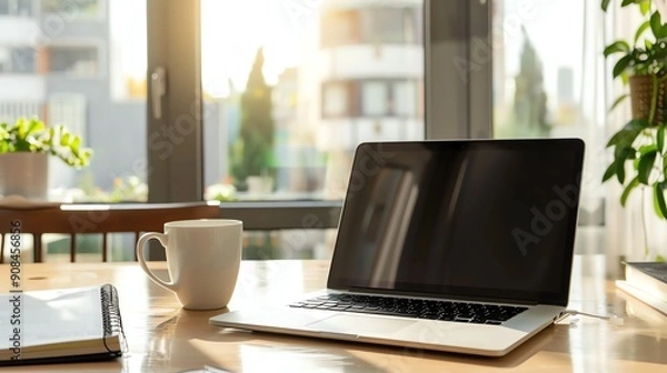 Fototapeta A laptop, a notebook and a white coffee mug sit on a table.