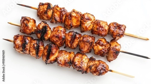 Fototapeta A delicious serving of grilled chicken skewers, viewed from above on a white background, highlighting their smoky and appetizing look