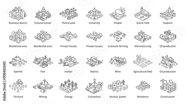 Fototapeta set of icons with isometric city districts. line style. Vector editable outline stroke.