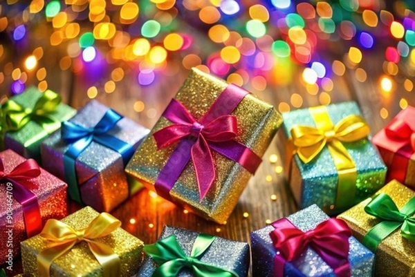 Obraz New Year background with colorful gift boxes and shiny ribbons, space for text in the center, festive and joyful