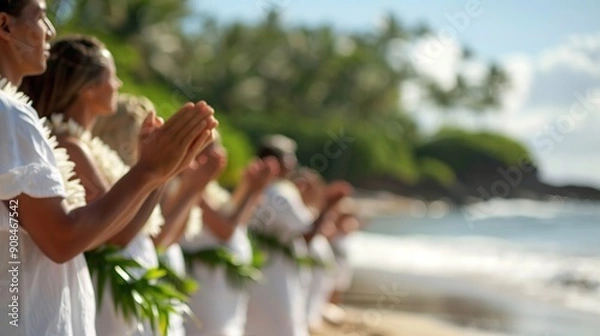 Fototapeta Sacred Native Hawaiian Ocean Deity Ceremony on Beach Shoreline