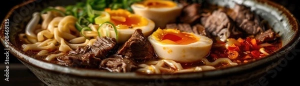 Fototapeta Delicious ramen bowl with soft-boiled eggs, tender beef, and fresh vegetables in rich broth, perfect for food lovers.