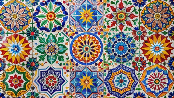 Fototapeta Vibrant mosaic of colorful ceramic tiles in a Moroccan-inspired pattern, featuring intricate geometric shapes and bold hues against a crisp white background.