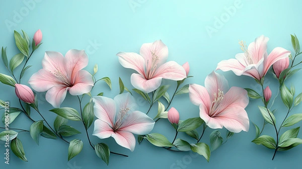 Obraz Elegant colorful with vibrant flower hanging branches illustration background. Bright color 3d abstraction wallpaper for interior mural