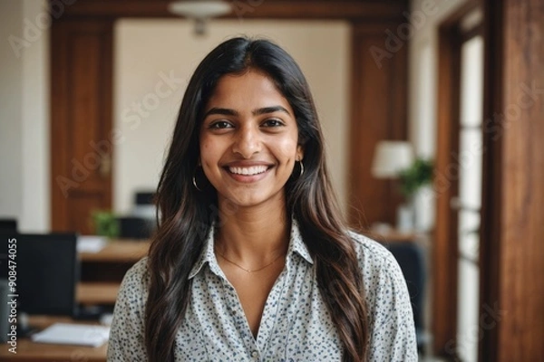 Fototapeta Cheerful beautiful indian girl student professional standing at home in office looking at camera, happy confident entrepreneur hindu lady laughing face posing alone, head shot close up view portrait