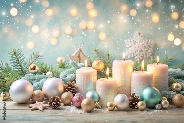 Fototapeta Background with decorative Christmas tree toys and candles, pastel colors, space for an inscription at the top, gentle and festive