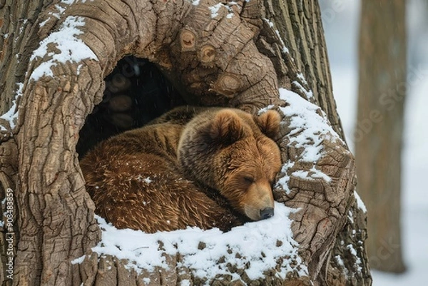 Obraz ai generative bear sleeping in a tree during winter