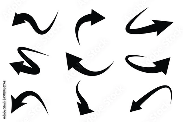 Fototapeta Set of  black curve arrow icon vector. curve arrow icon set. curved arrow icons featuring varied shapes and directions, ideal for creative and expressive visual designs. vector.
