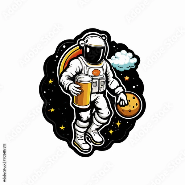 Fototapeta An astronaut walks on the moon holding a large beer.