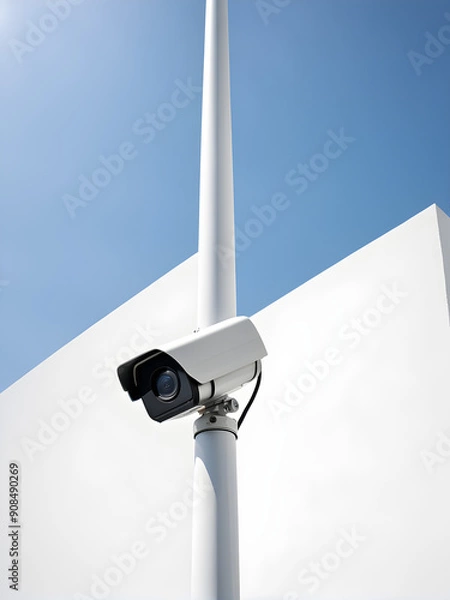 Obraz Security CCTV single cameras mounted on a pole, isolated on white background