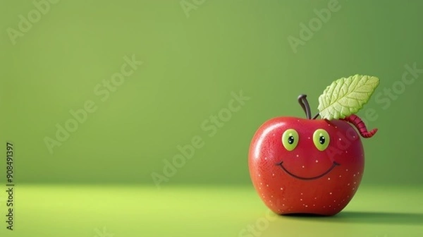 Fototapeta A red apple with a smiling face and googly eyes sits on a green background.